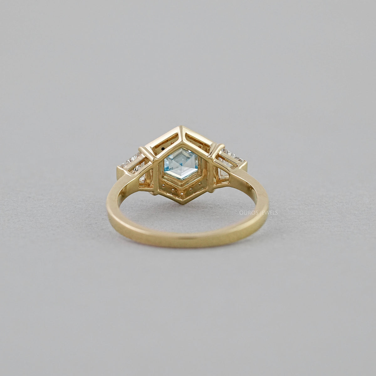 3 Stone Blue Hexagon Cut Halo Diamond Engagement Ring Ring