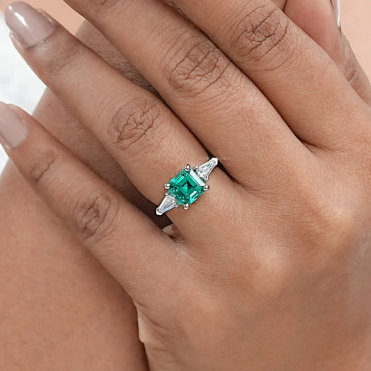 Asscher Cut Green Gemstone Three Stone Engagement Ring Ring