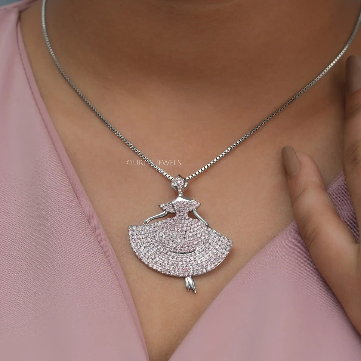 Fancy Pink Round Cut Crystals Barbie Doll Pendant Necklaces