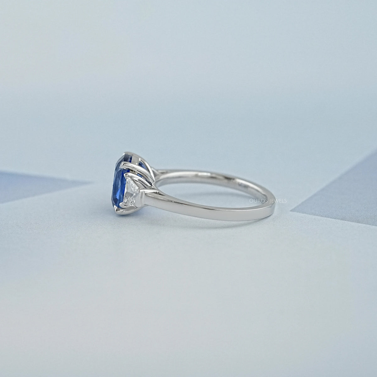 Sapphire Cushion Gemstone With Trapezoid Diamond Ring Rings
