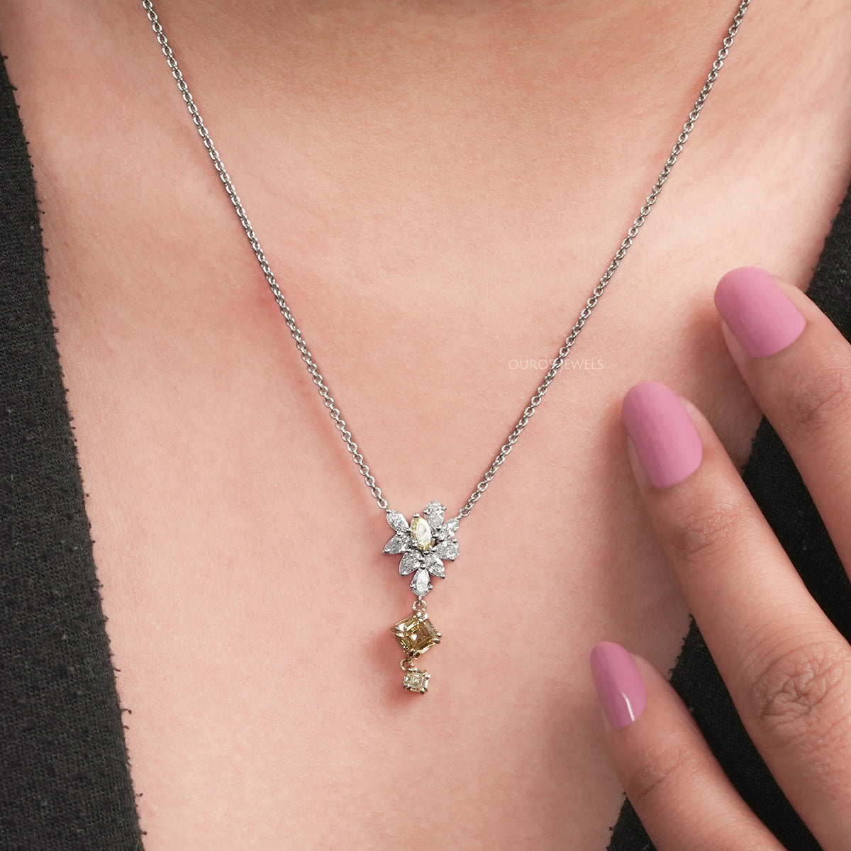 Yellow Asscher And Pear Diamond Cluster Pendant Necklaces