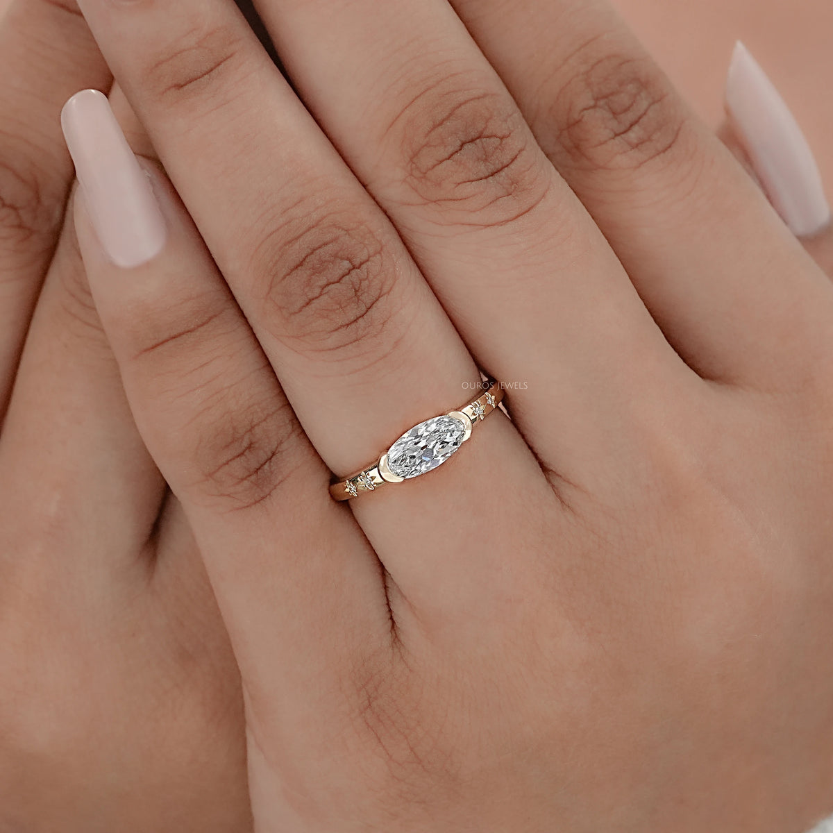 East West Old Mine Moval Cut Half Bezel Accent Ring Rings