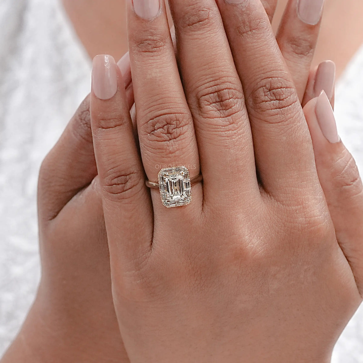 Emerald Diamond Engagement Ring - Baguette Halo Settings Rings