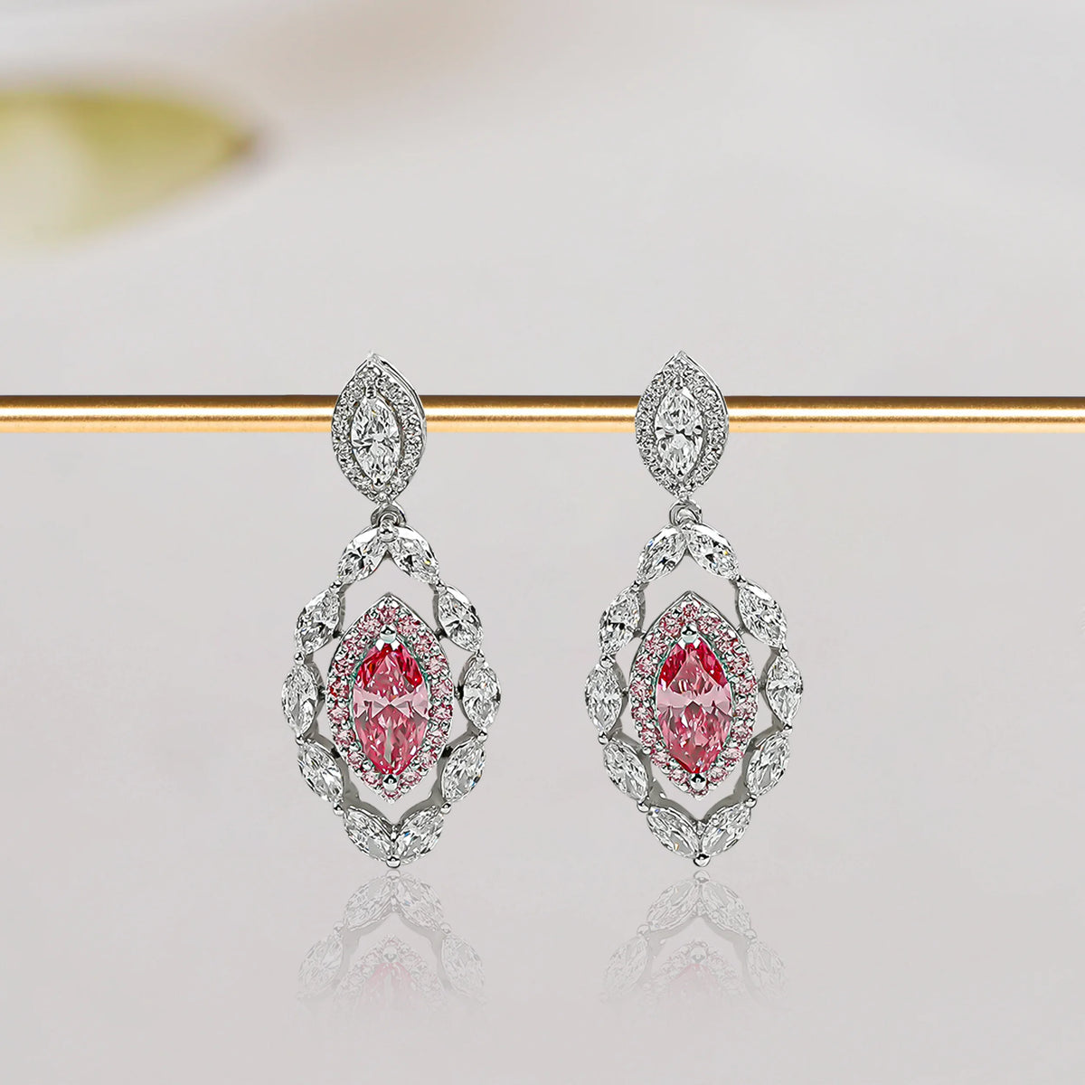 Fancy Pink Marquise Shape Double Halo Earrings Earrings