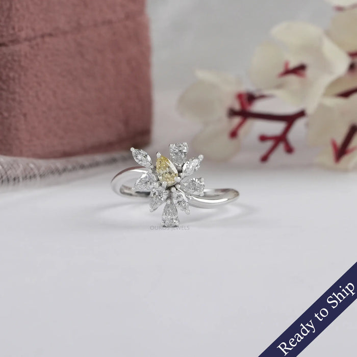 Fancy Yellow Pear And Marquise Cut Cluster Diamond Ring