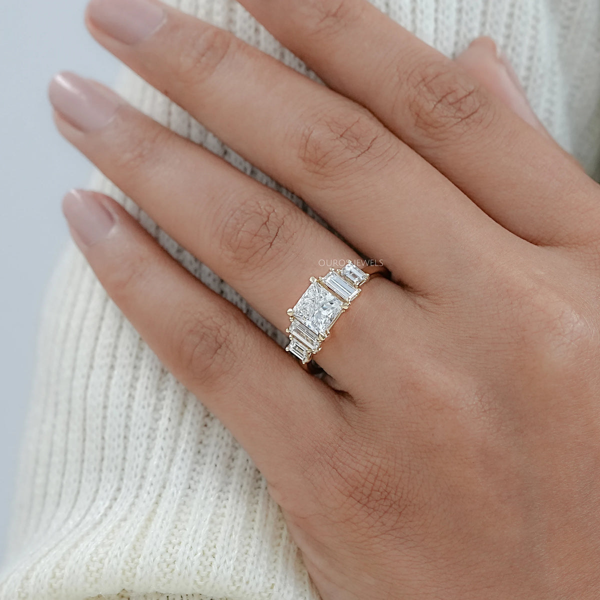 Princess And Baguette Diamond Five Stone Engagement Ring Rings