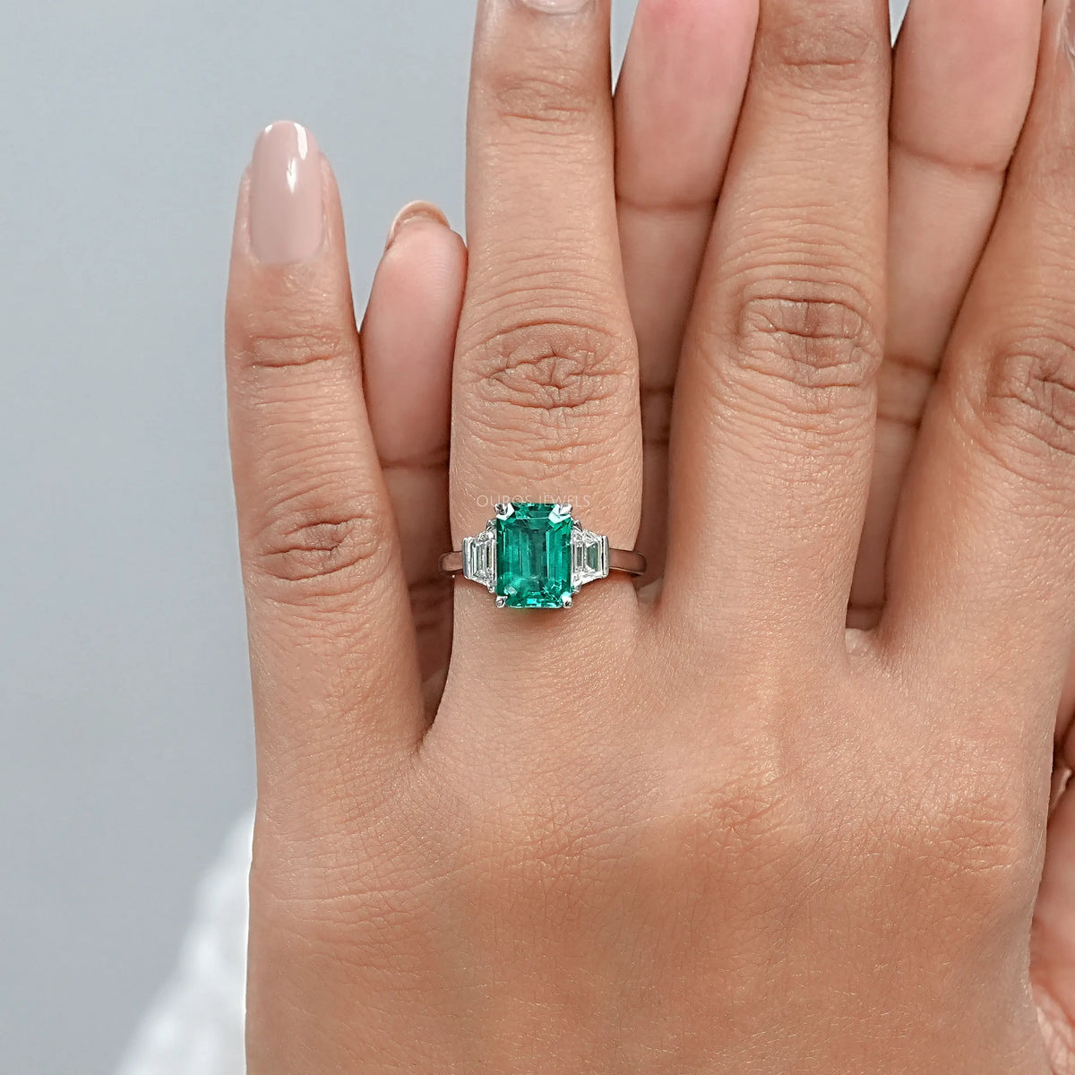 Green Emerald Cut With Trapezoid Diamond Ring Ring