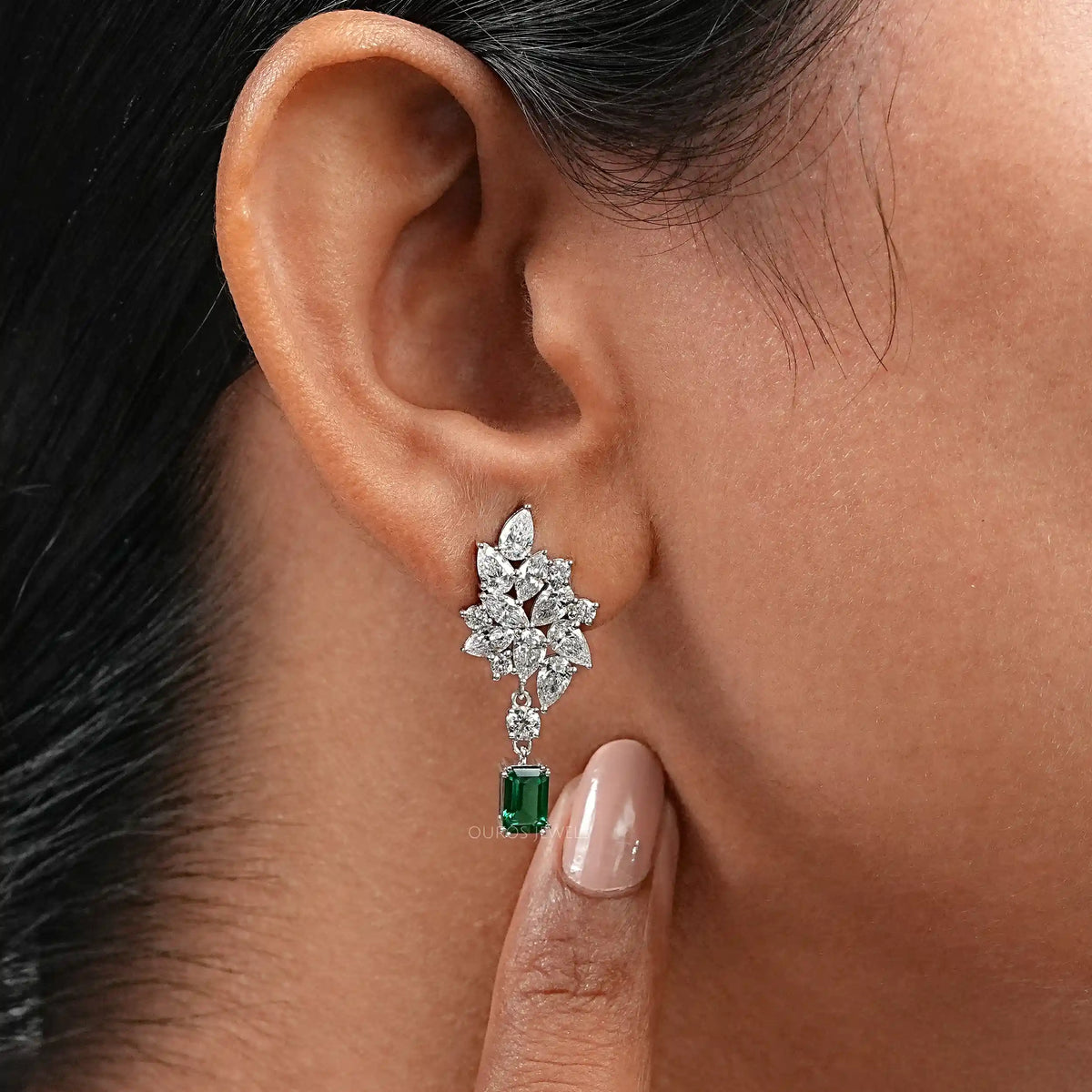 Green Emerald And Lab Diamond Cluster Drop Earrings