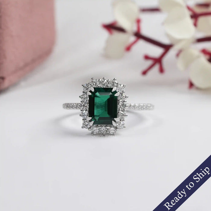 Green Emerald Cut Halo With Accent Lab Grown Diamond Ring