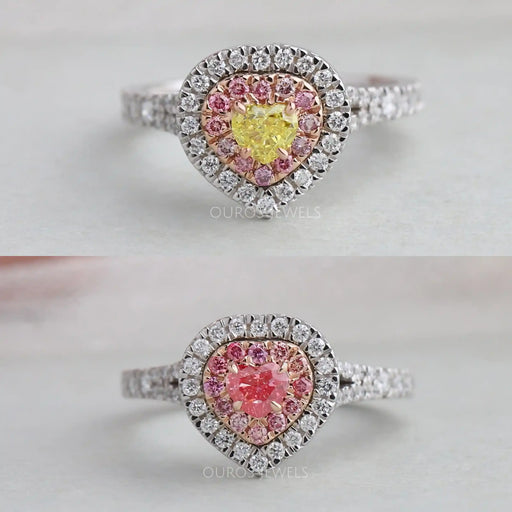 [Fancy Yellow and Pink Heart Shaped Lab Created Double Halo Diamond Engagement Ring]-[Ouros Jewels]