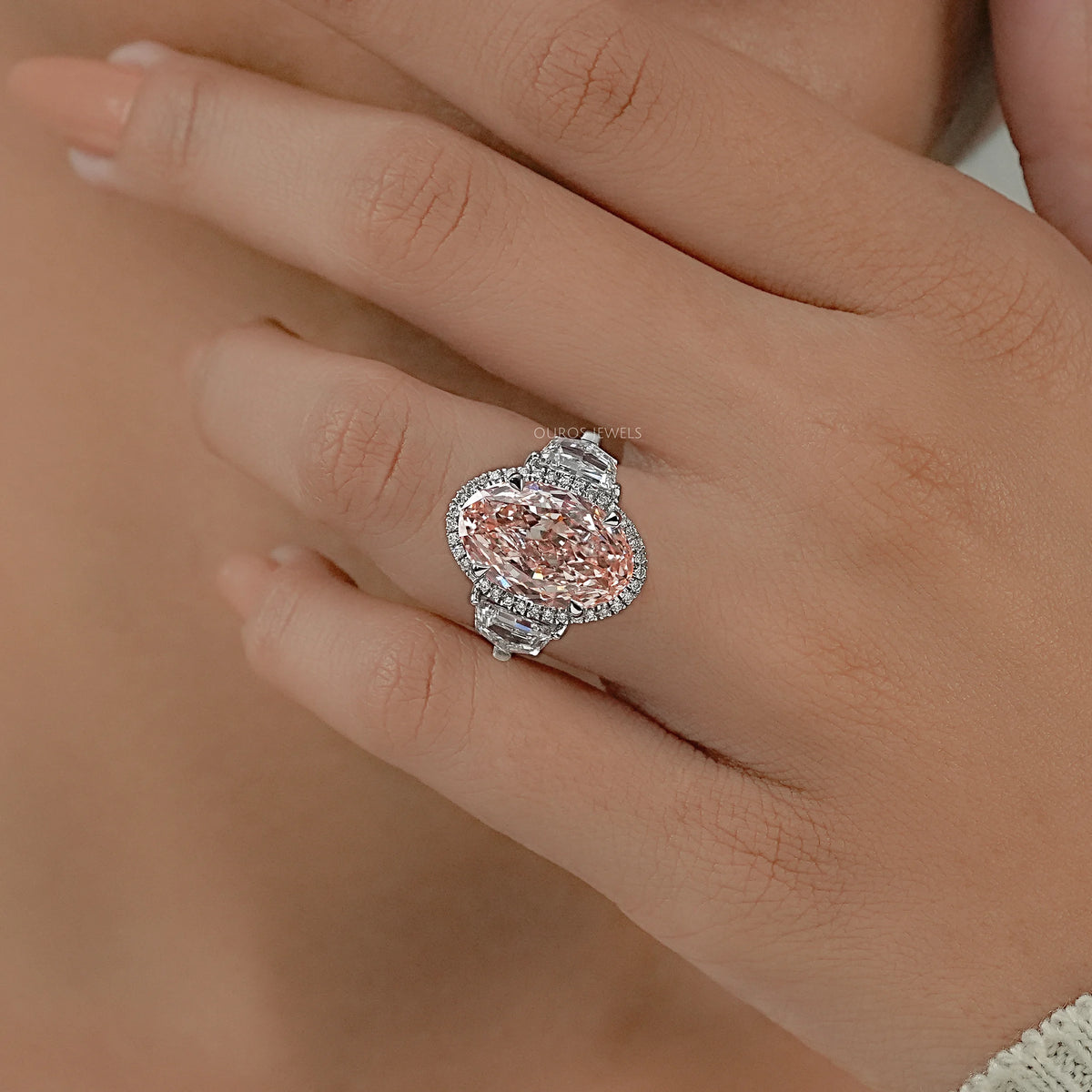 Intense Pink Oval Three Stone Engagement Ring Ring