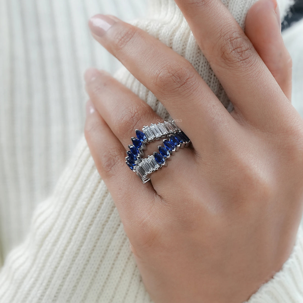 Double Row Sapphire Marquise Gemstone Enhancer Ring Rings