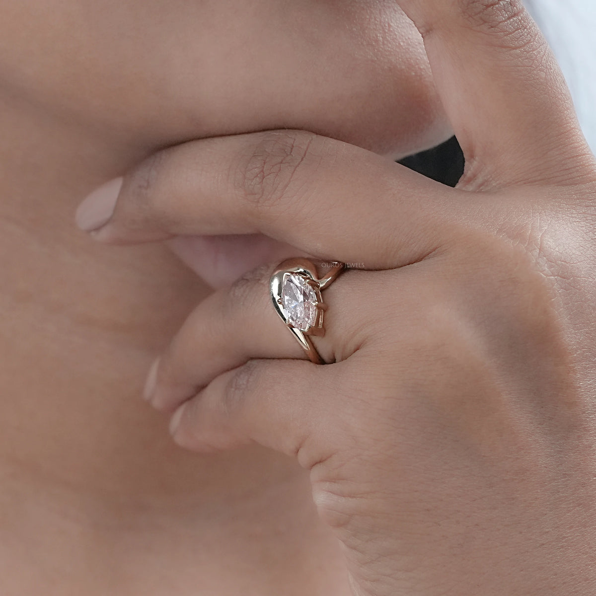 Pink Marquise Cut Lab Diamond Bypass Ring in Yellow Gold Ring