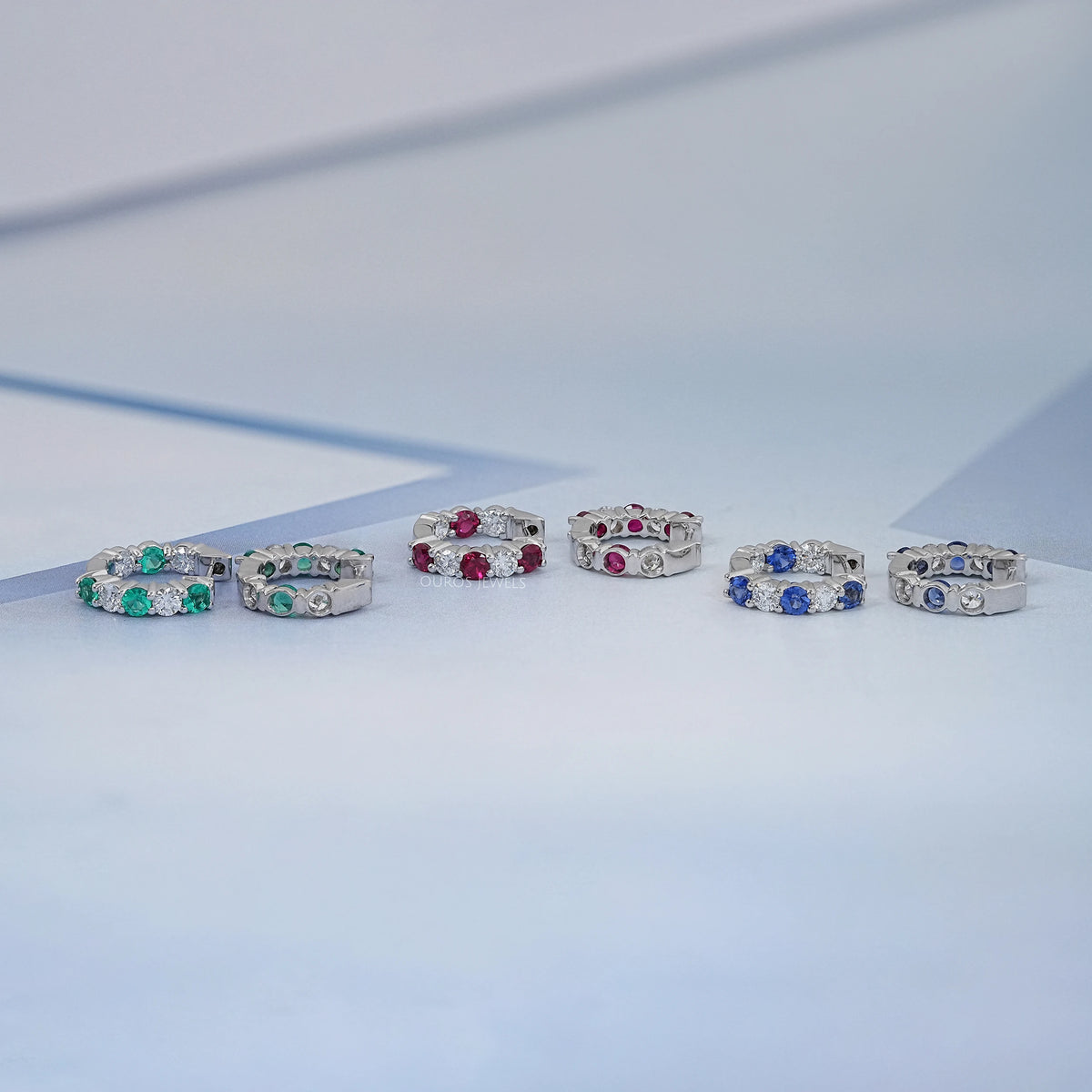 Multi Gemstone And Round Diamond In-Out Hoop Earrings
