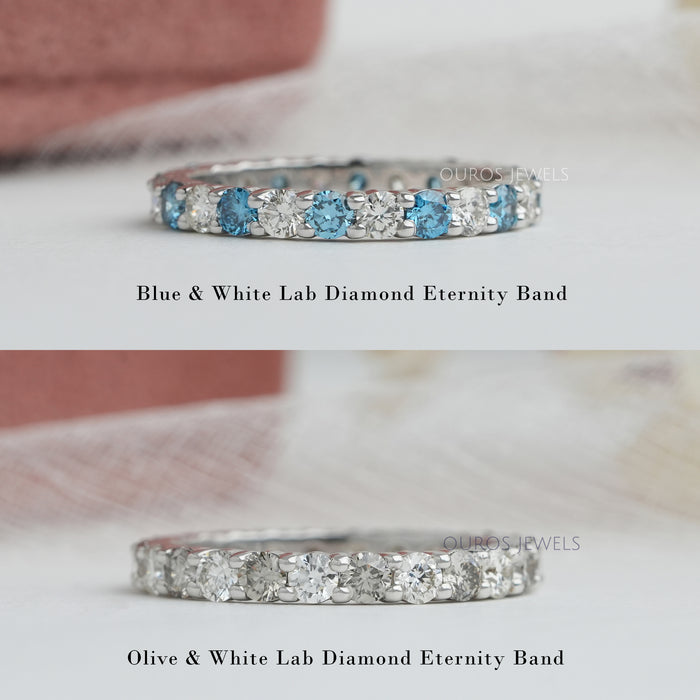 Blue & Olive Round Cut Lab Diamond Eternity Wedding Band
