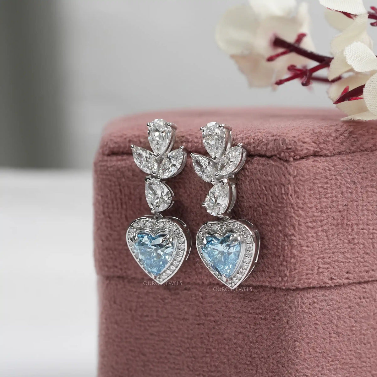 Blue Heart Lab Diamond Halo Drop Earrings Earrings