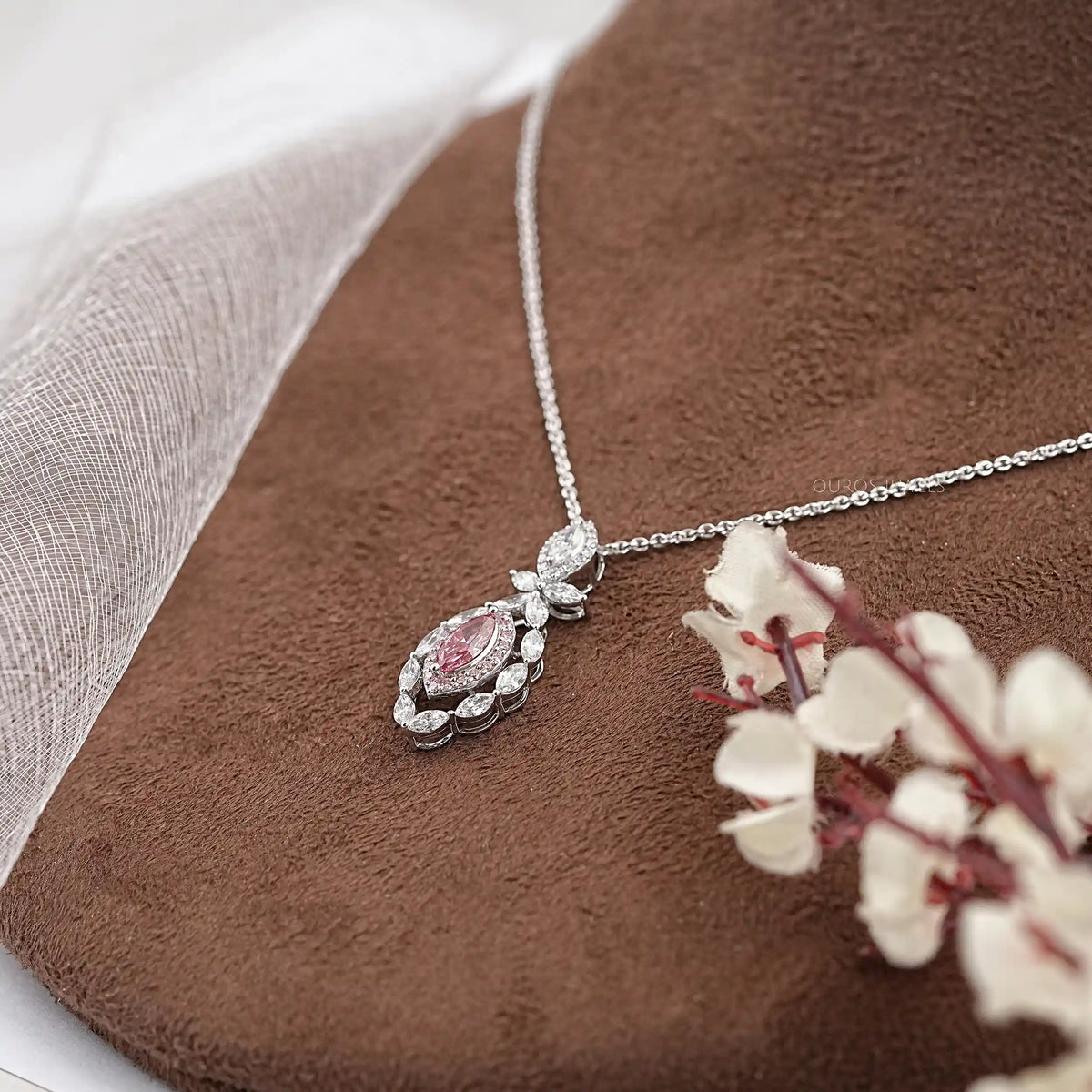 Pink Marquise Lab Diamond Double Halo Pendant Necklaces