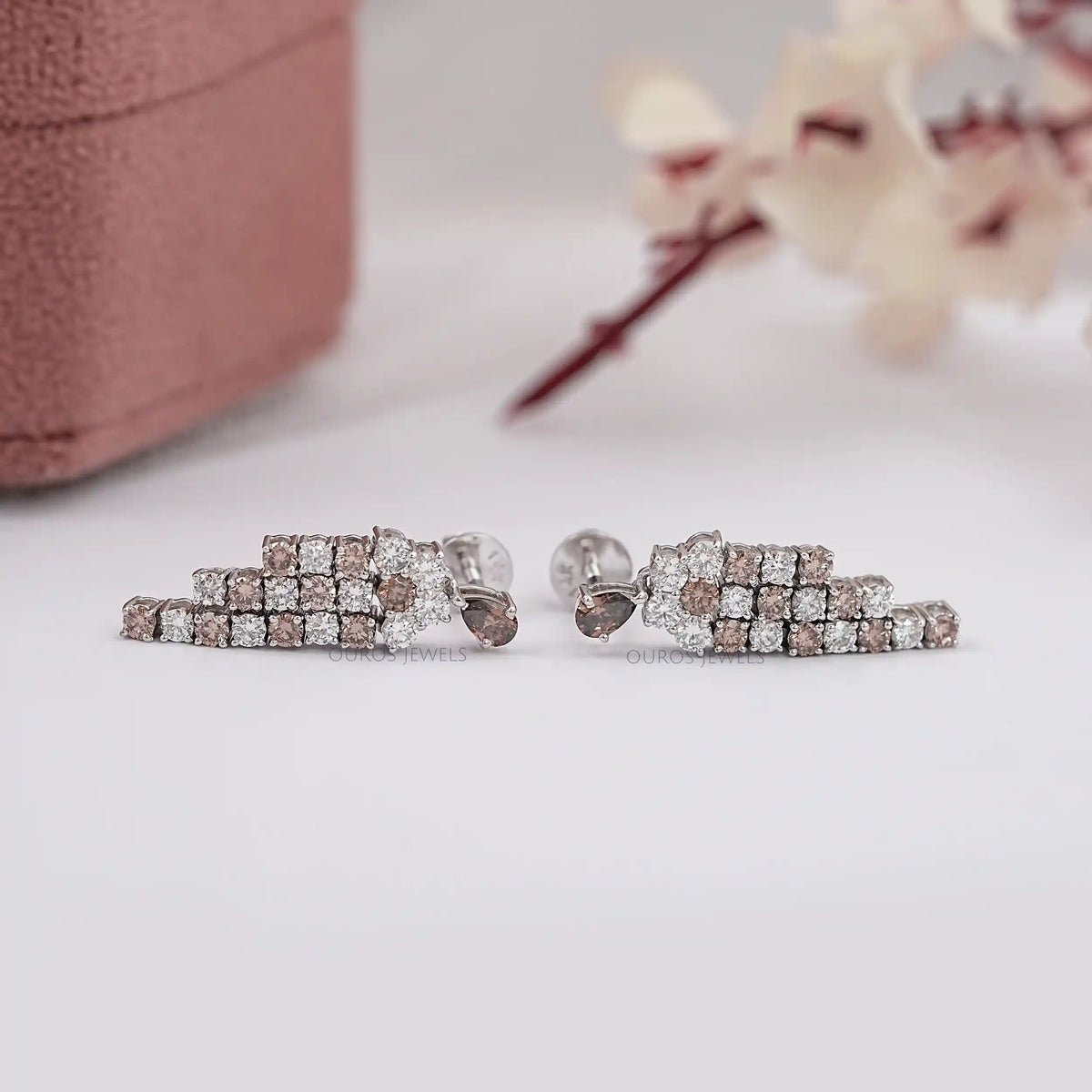 Brown Pear And Round Diamond Dangle Earrings Earrings
