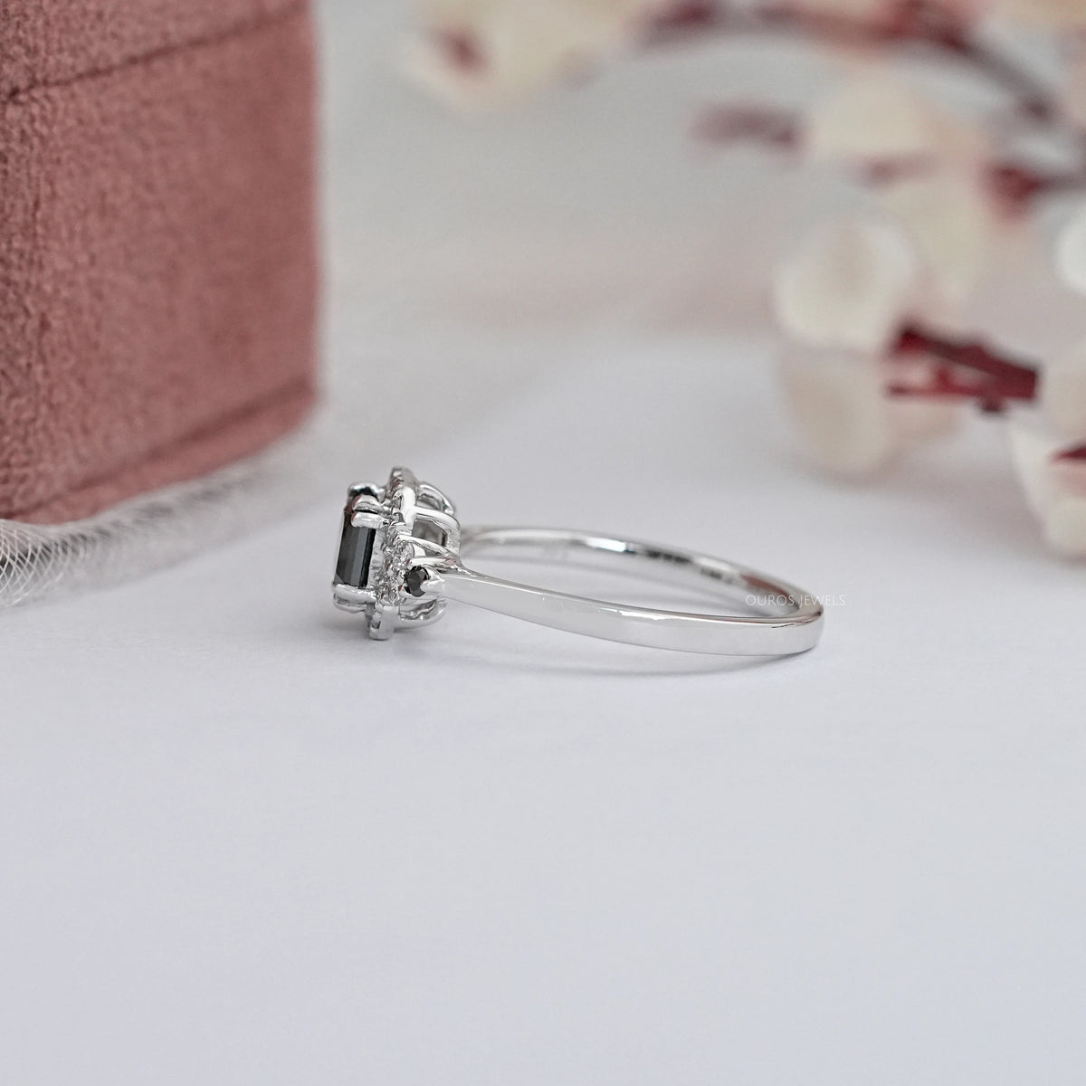 Black Asscher Diamond Halo Engagement Ring Rings