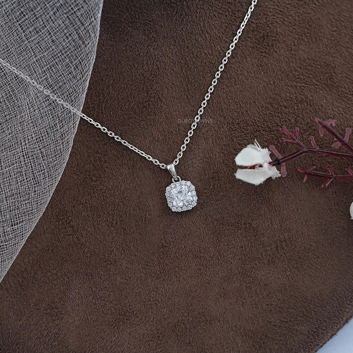 Old Mine Cushion Lab Diamond Halo Pendant Necklaces