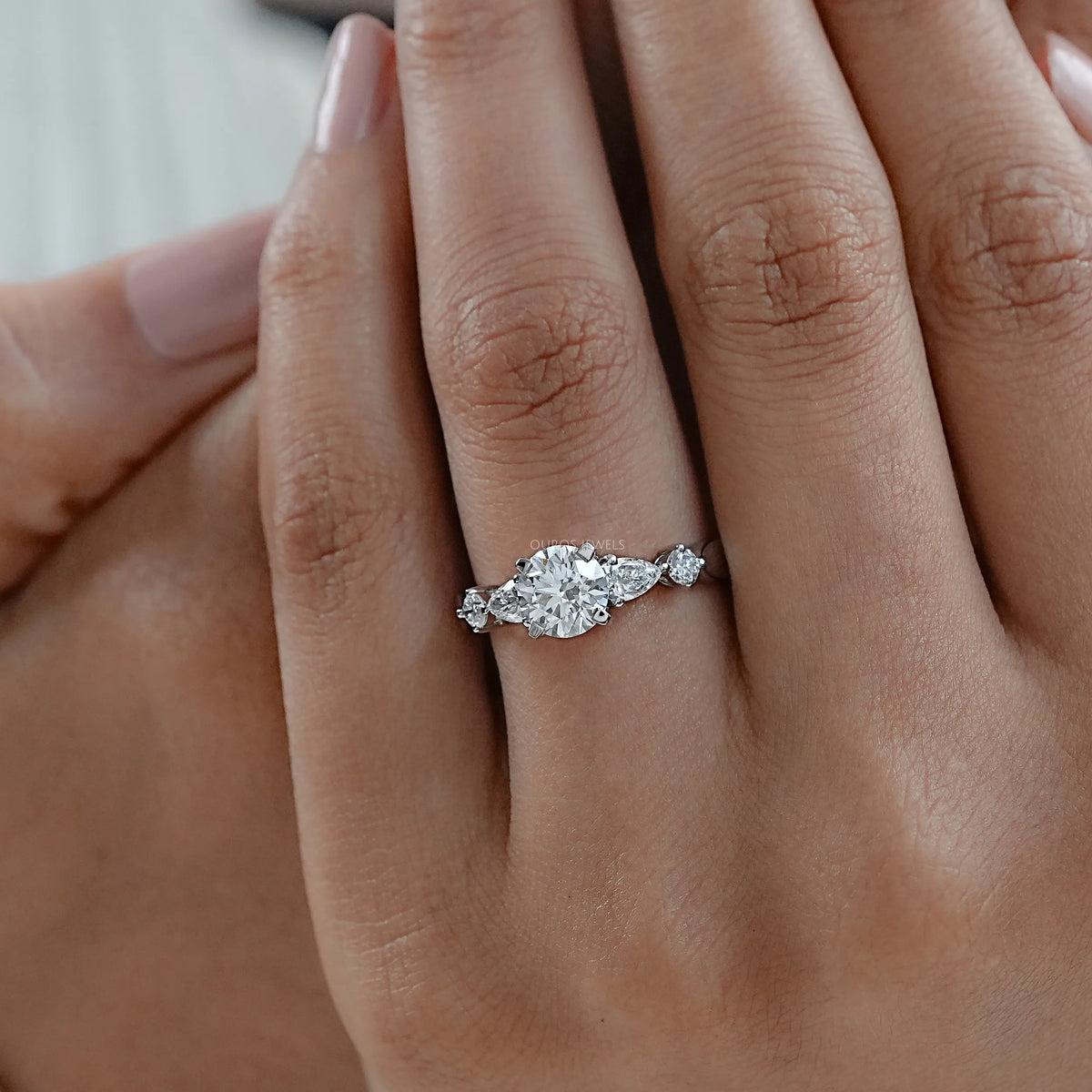 Round And Pear Diamond Five Stone Engagement Ring Rings
