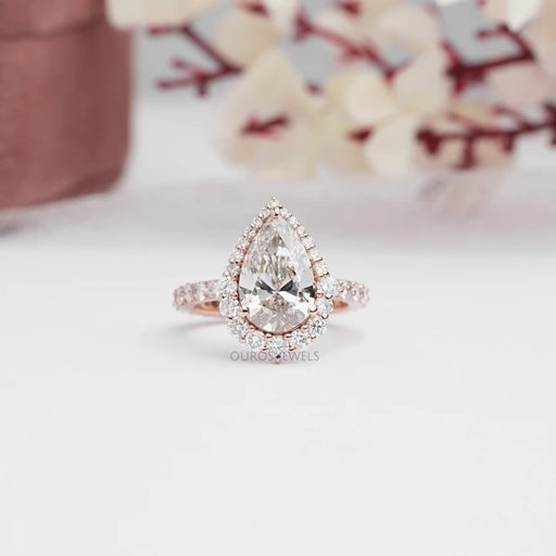 [Pear Cut Lab Grown Diamond Halo Engagement Ring]-[Ouros Jewels]