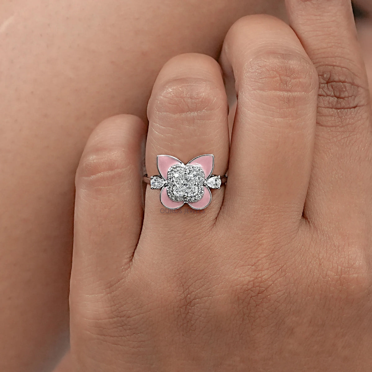 Floral Diamond With Pink Enamel Ring Ring