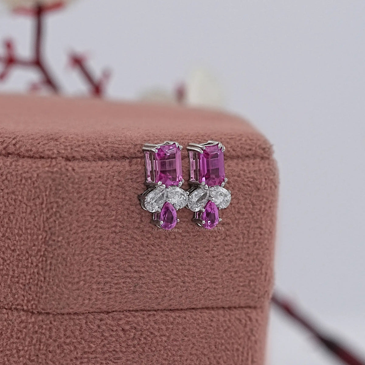 Lab Pink Emerald Gemstone Stud Earrings Earrings