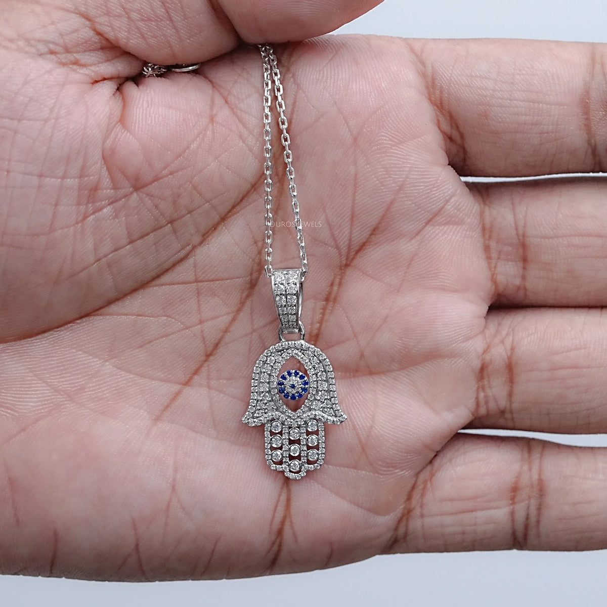 Sapphire And Lab Diamond Round Cut Hamsa Hand Men's Pendant Necklaces