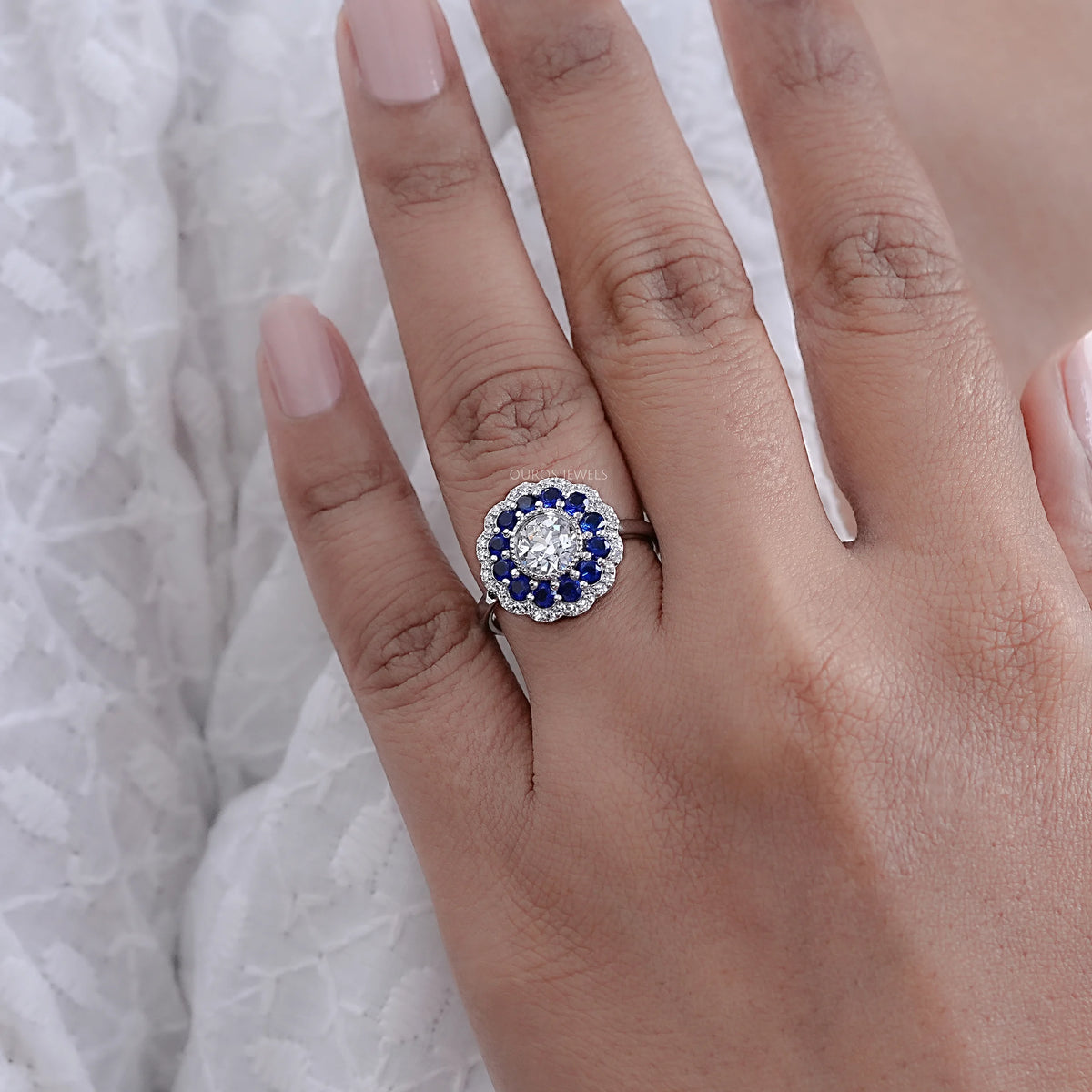 Old European Round Cut Sapphire Halo Engagement Ring Rings