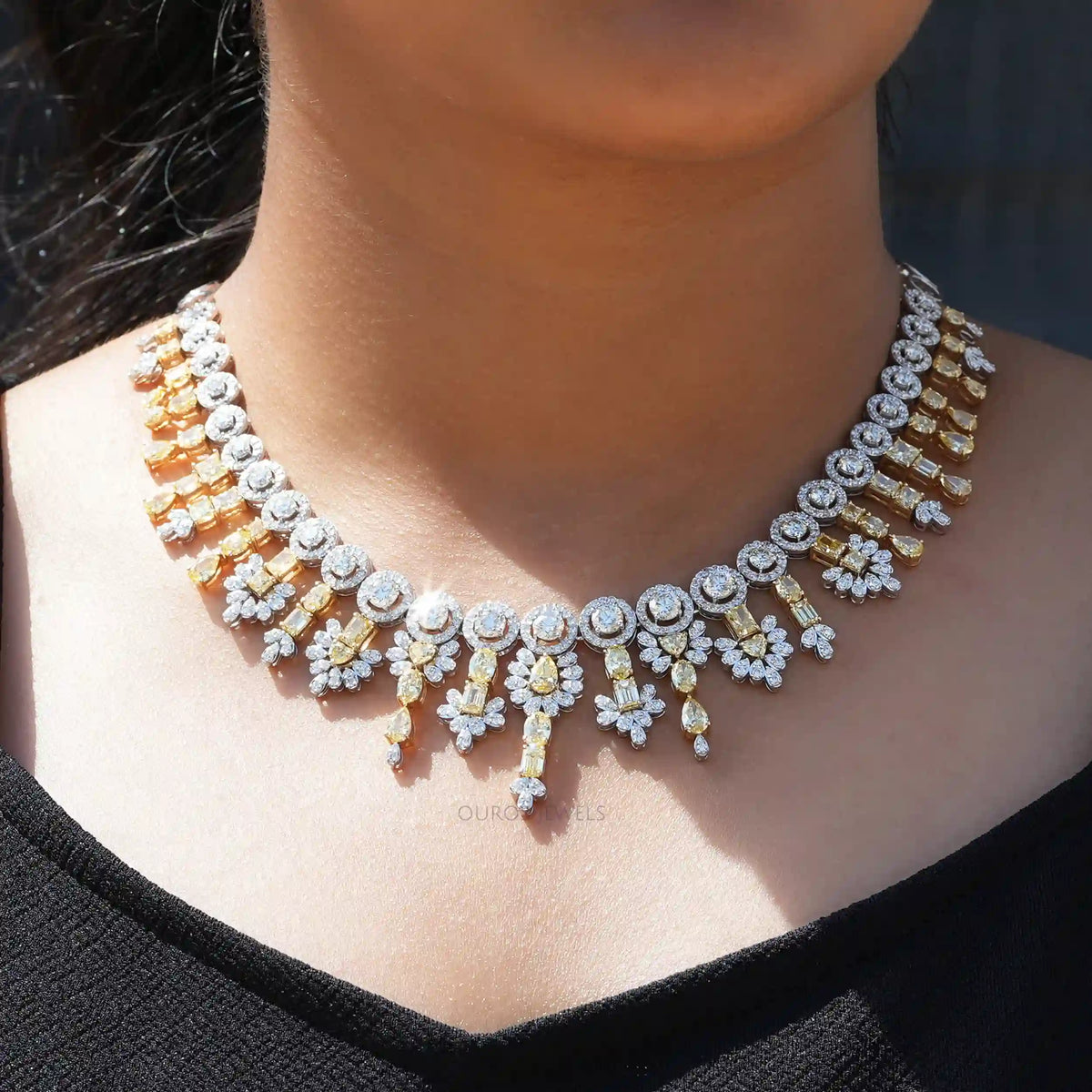 Yellow Multi Shape Lab Diamond Bridal Necklace Set Necklaces
