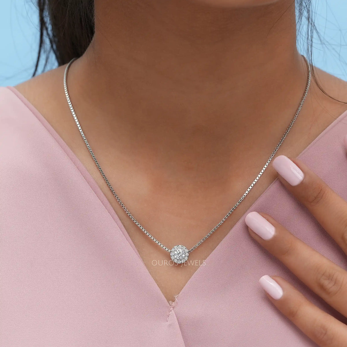 White Gold Halo Round Diamond Pendant Necklaces