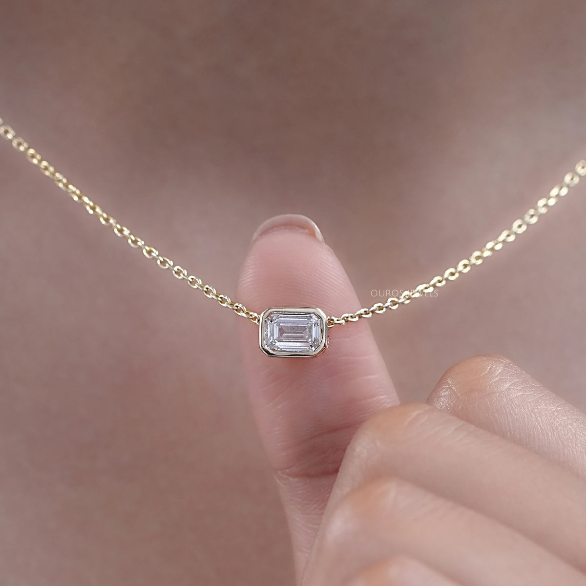Bezel Set Emerald Cut Lab Diamond Solitaire Pendant Necklaces