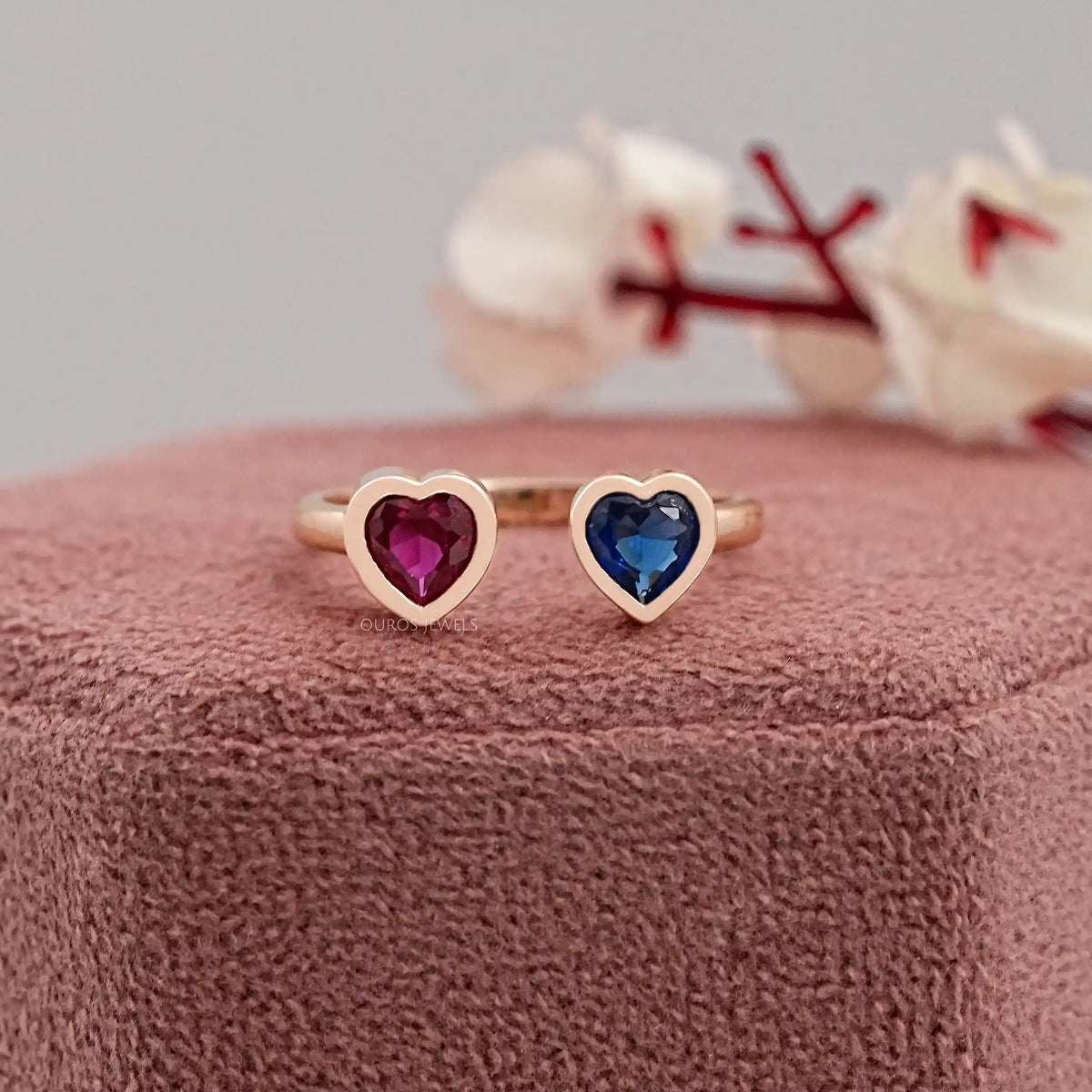 Sapphire And Ruby With Heart Open Cuff Ring Rings