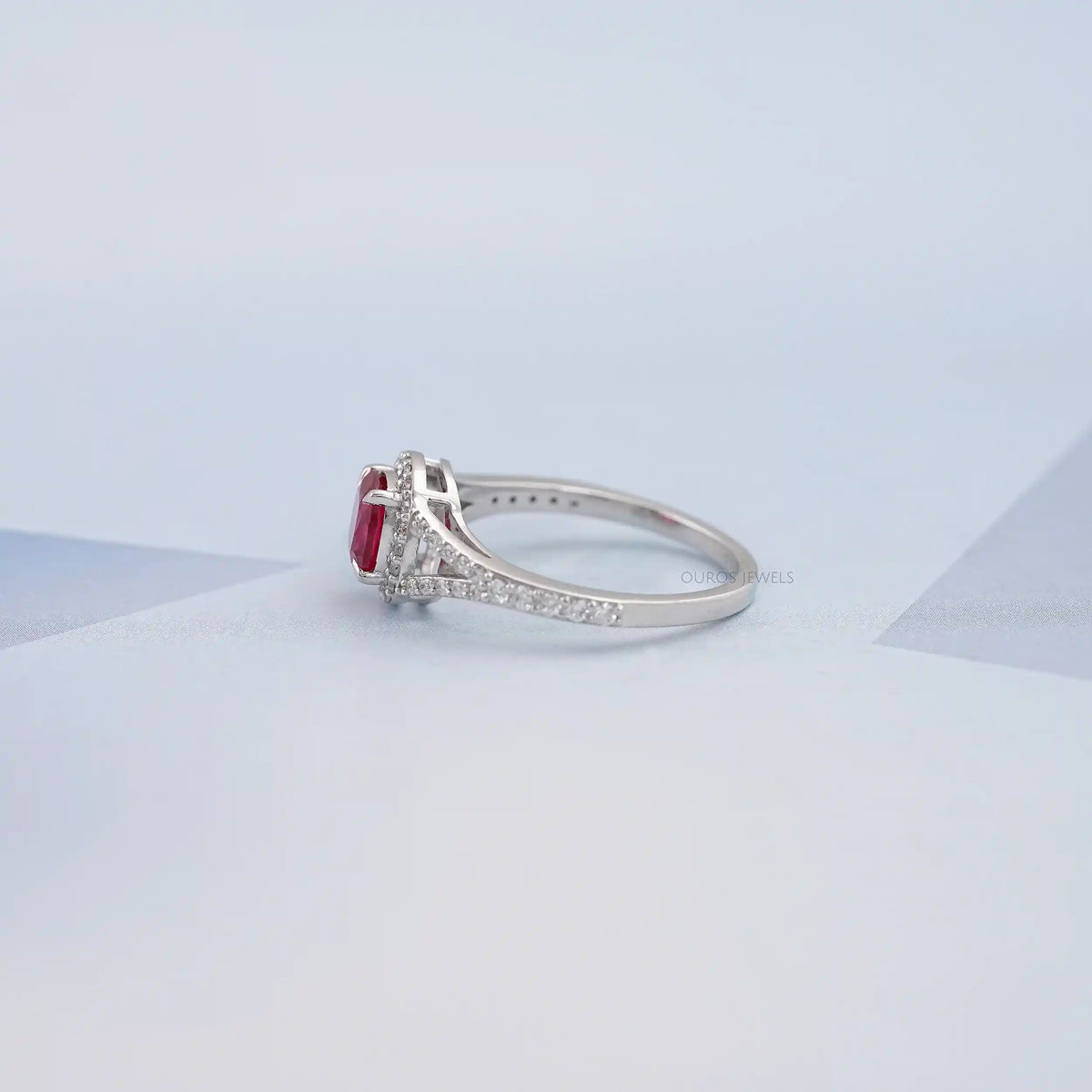 Cushion Cut Red Ruby Split Shank Halo Engagement Ring Ring