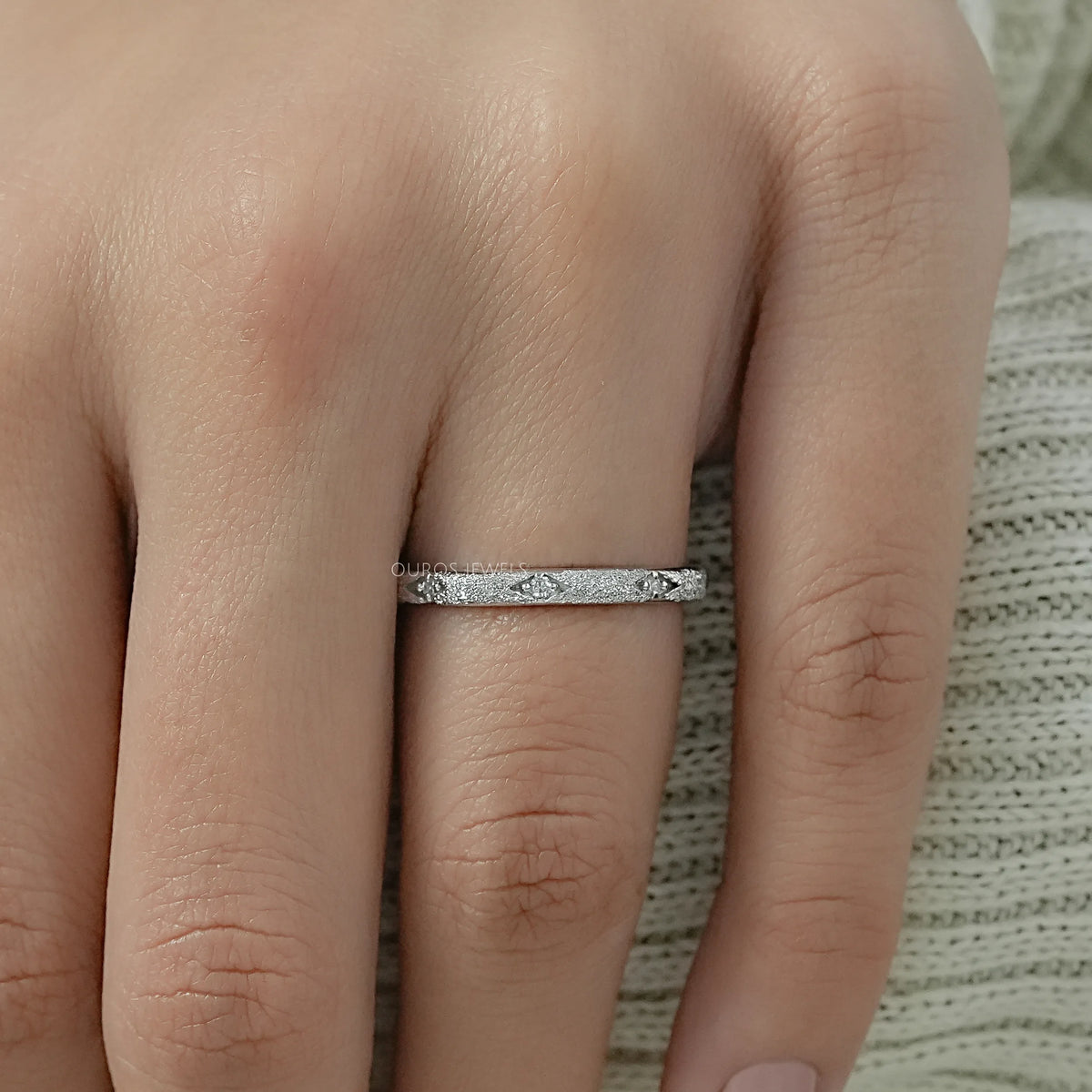 Textured Finish Dainty Diamond Wedding Band Ring
