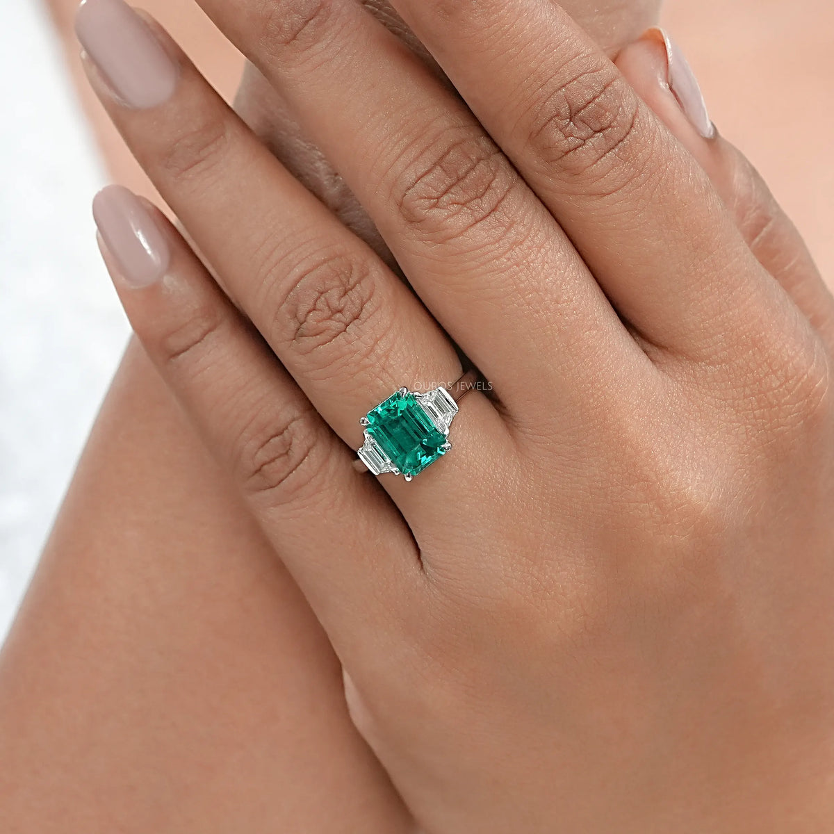 Green Emerald Cut With Trapezoid Diamond Ring Ring