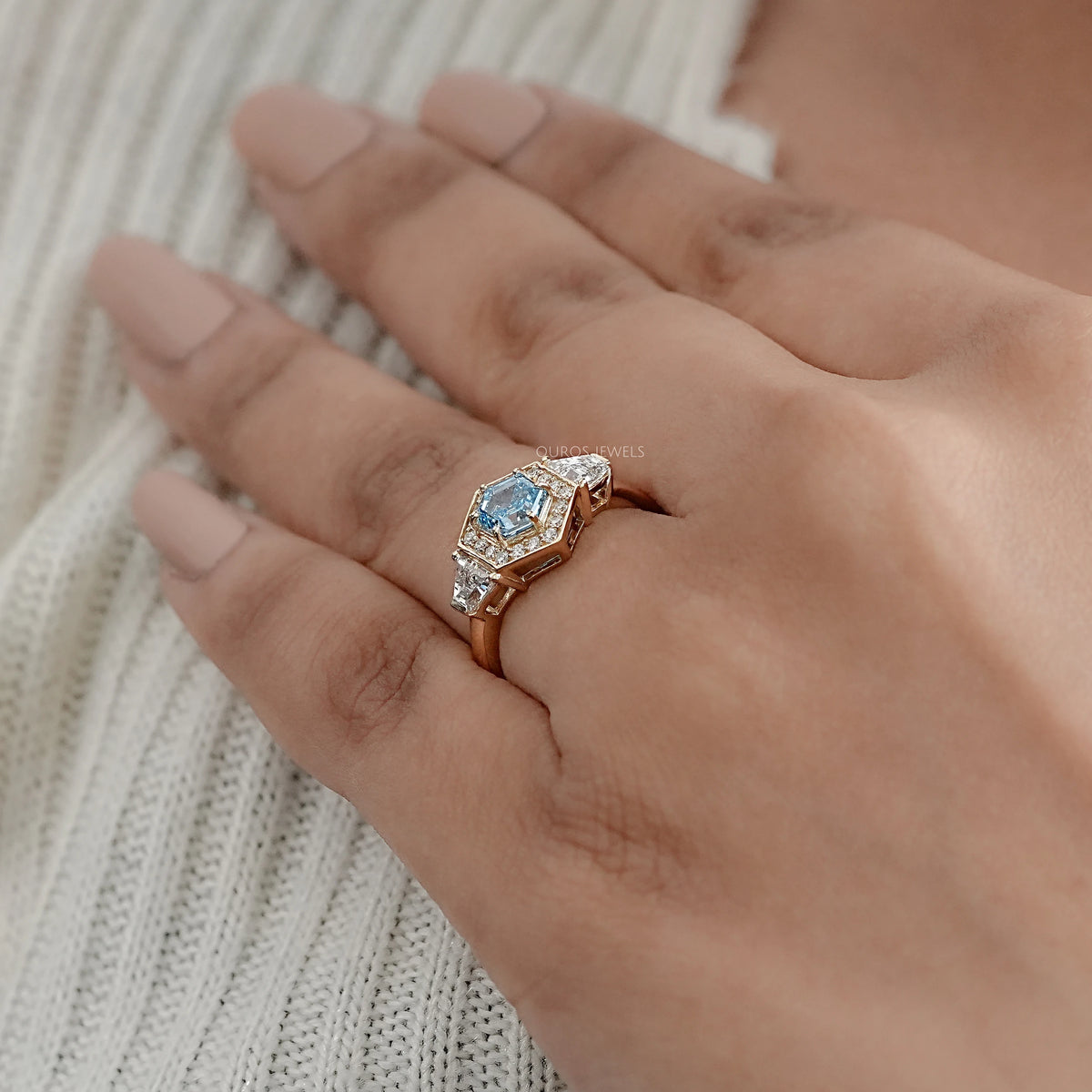 3 Stone Blue Hexagon Cut Halo Diamond Engagement Ring Ring