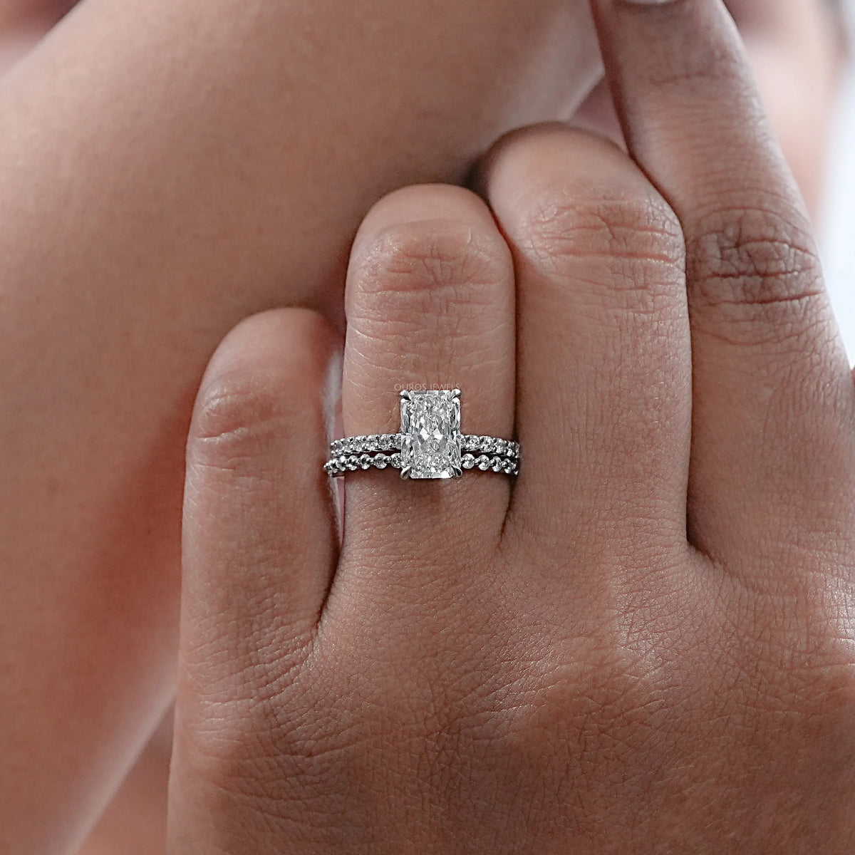 Radiant Cut Solitaire Accent Bridal Ring Set Rings