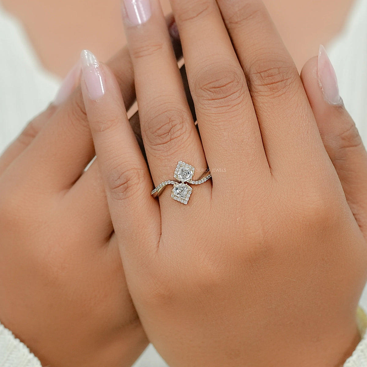 Two Stone Bullet Cut Halo Diamond Bypass Ring Ring