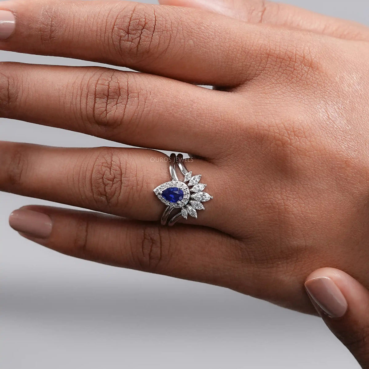 Sapphire Pear Curved Wedding Ring