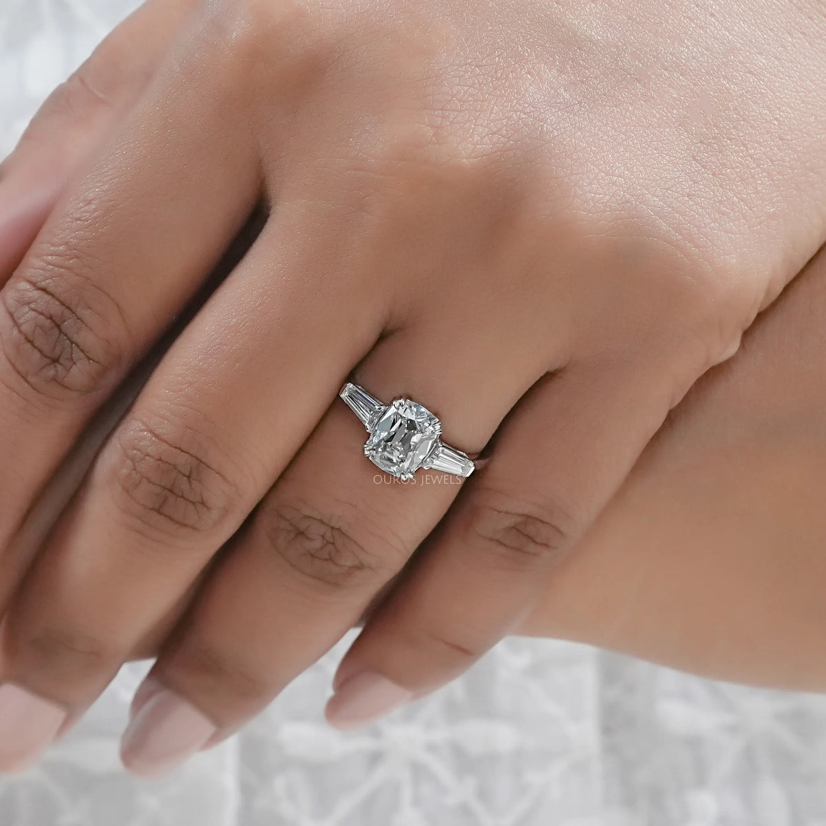 Three Stone Old Mine Cushion Cut Diamond Engagement Ring Ring