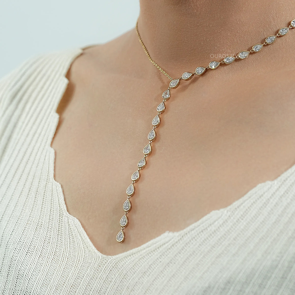 Pear Cut Bezel Y Shape Diamond Necklace Necklaces