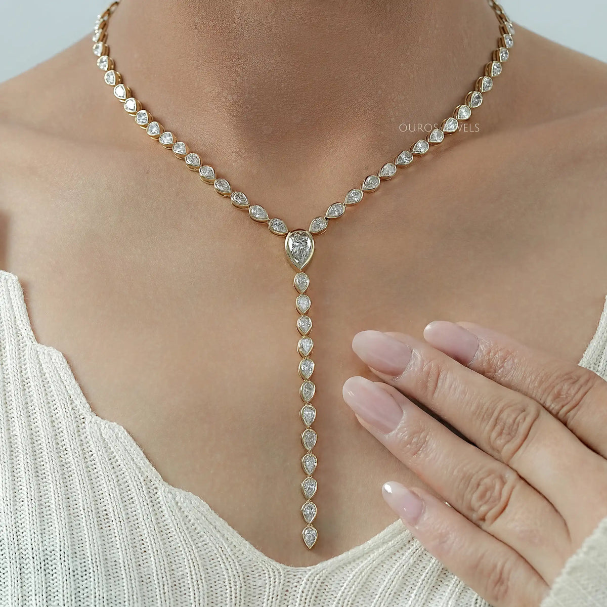 Pear Diamond Bezel Set Lariat Tennis Necklace Necklaces