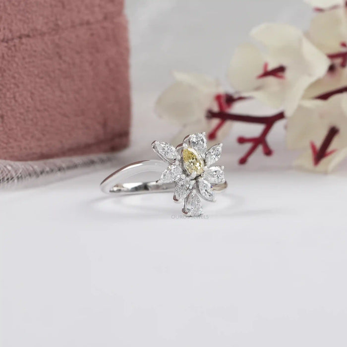 Fancy Yellow Pear And Marquise Cut Cluster Diamond Ring