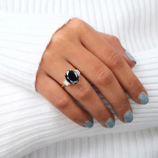 Three Stone Black Oval Cut Lab Diamond Engagement Ring