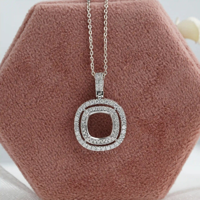 [Cushion Cut Double Halo Lab Diamond Pendant on  a Pink Box]-[Ouros Jewels]