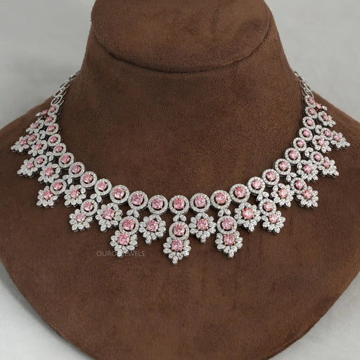 [Pink Round Cut Lab Diamond Bridal Necklace Set]-[Ouros Jewels]