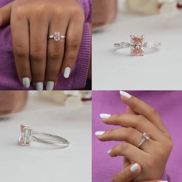 [Pink Radiant Cut Three Stone Engagement Ring]-[Ouros Jewels]
