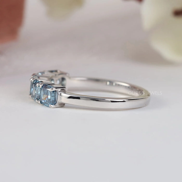 Cushion cut lab created diamond engagement ring in five stone setting in 14k white gold 